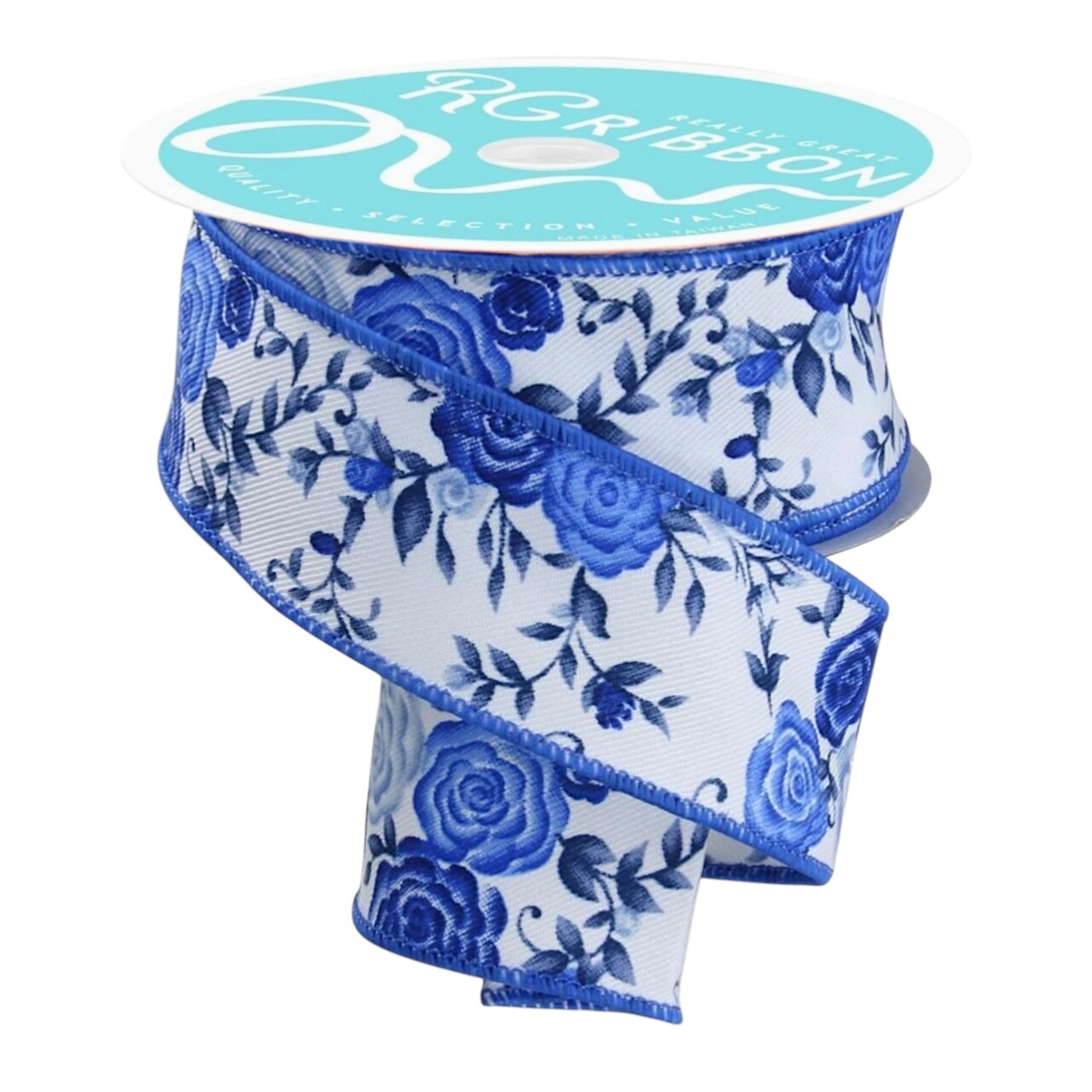 Cottage Roses Wired Ribbon 1.5" - 2.5" Inch by RG Ribbon - Blue, White